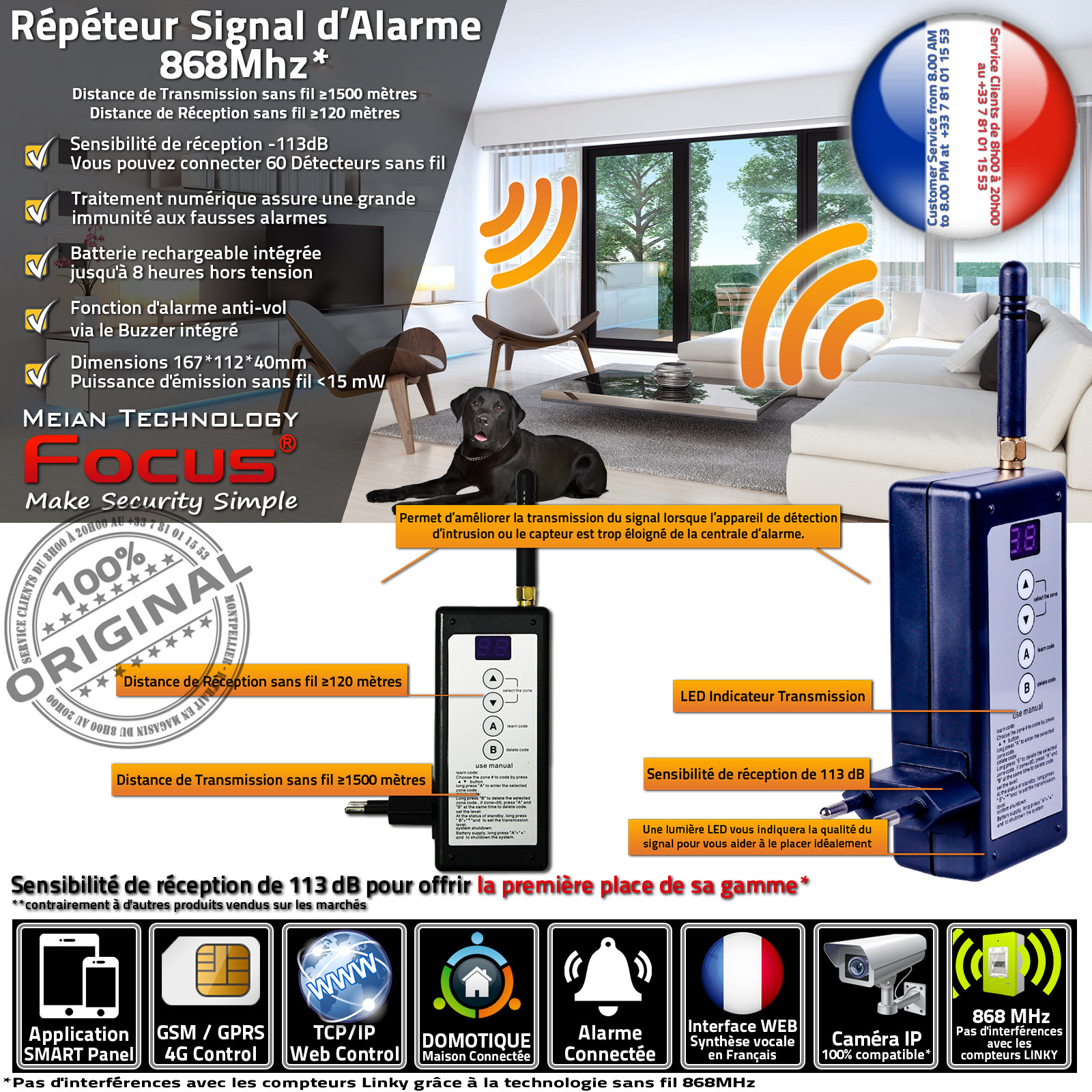 PB-204R 868MHz Répéteur Signal d'alarme sans fil Amplificateur Distance réception / émission