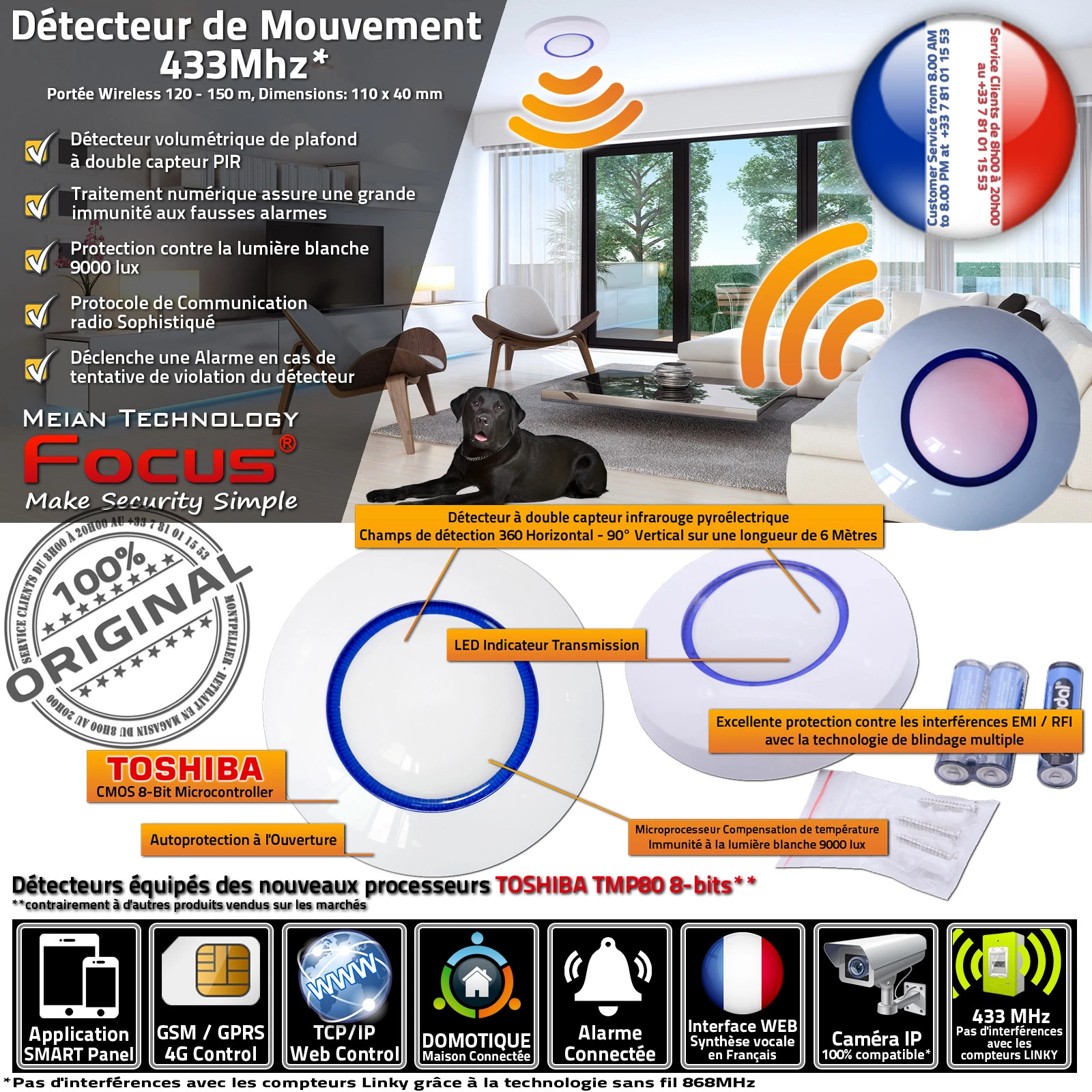 MC-7380R 433MHz Détecteur de Mouvement Plafond 360° PIR Infrarouge